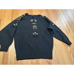 Vtg Shetland 100% Wool Beaded Embroidered Crew Neck Sweater Size L Black